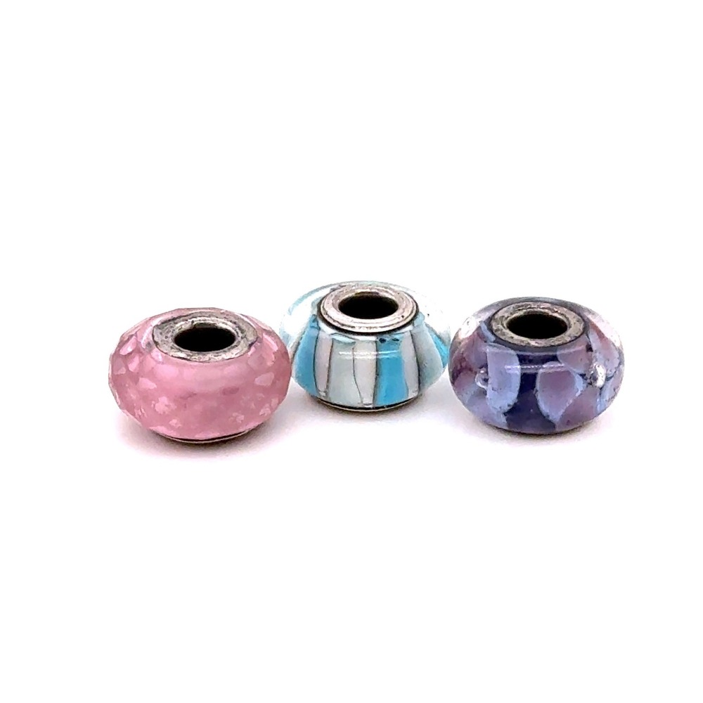 Chamilia 925 Sterling Silver Murano Glass Bead Charm Set Pink Blue Purple 3pc